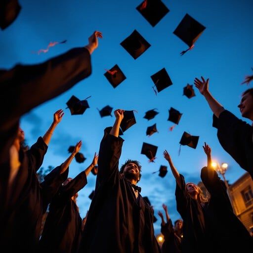 Silhouettes of graduates toss mortarboard caps into a vibrant blue evening sky during a graduation ceremony.