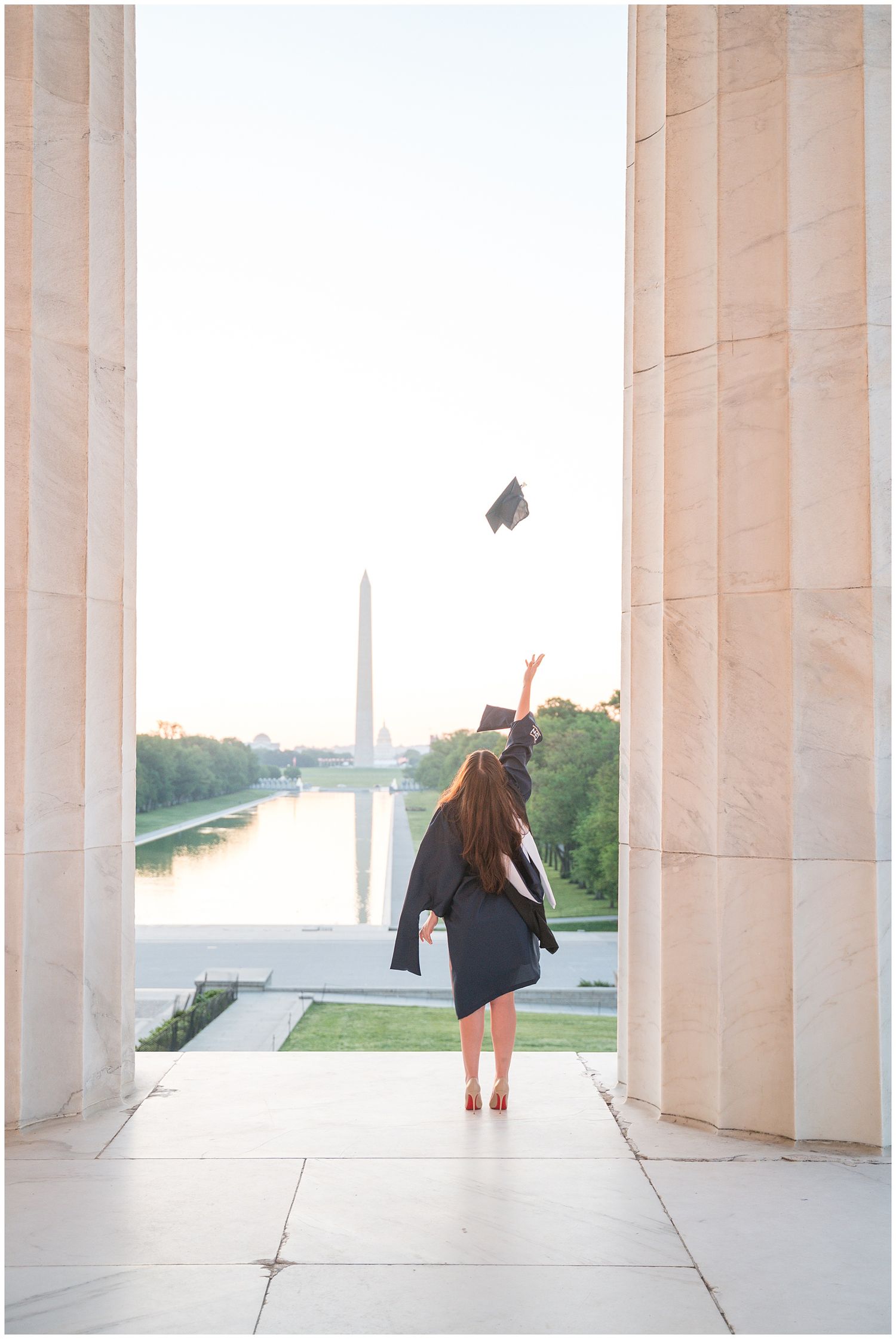 A series of four architectural photos showing someone walking between classical stone columns at the Lincoln Memorial.