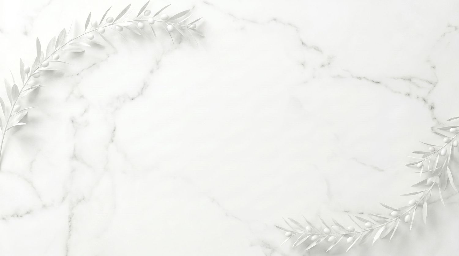 White marble background with delicate silver leaf branches forming an elegant border frame.