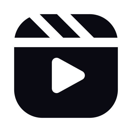 Black video player app icon with film clapperboard design and play button symbol on white background.
