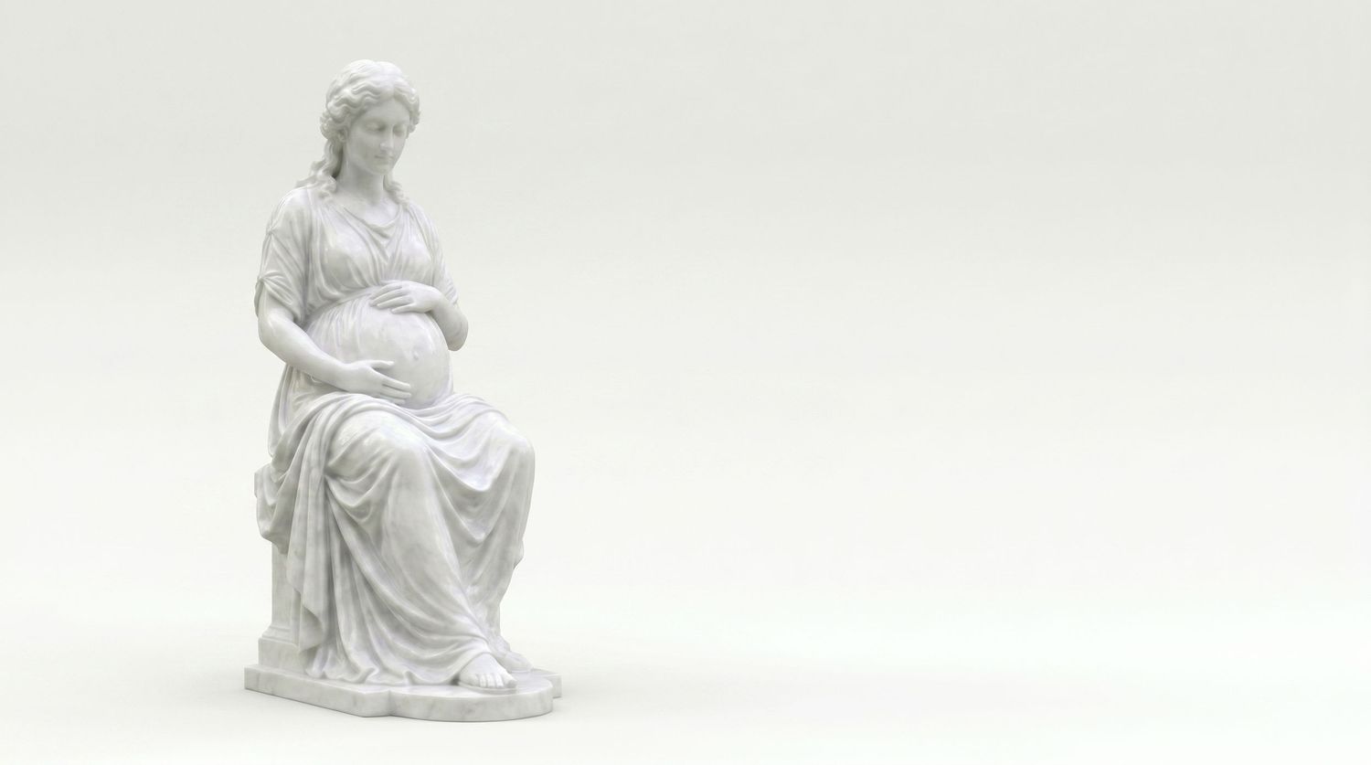 White marble statue of a seated pregnant woman in classical style, draped in flowing robes, cradling her belly.