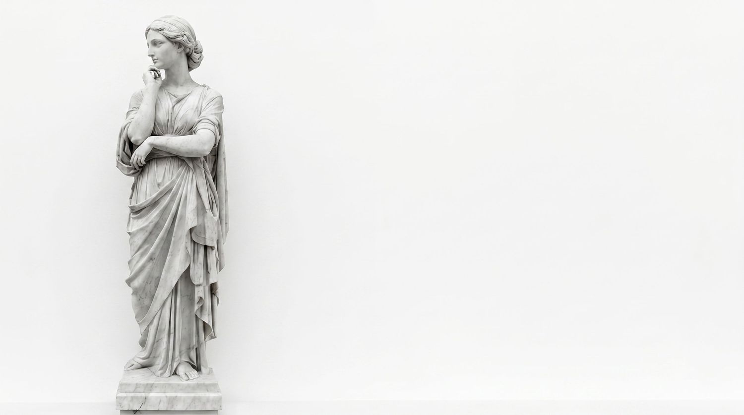 A classical white marble statue of a robed female figure in a contemplative pose against a white background.