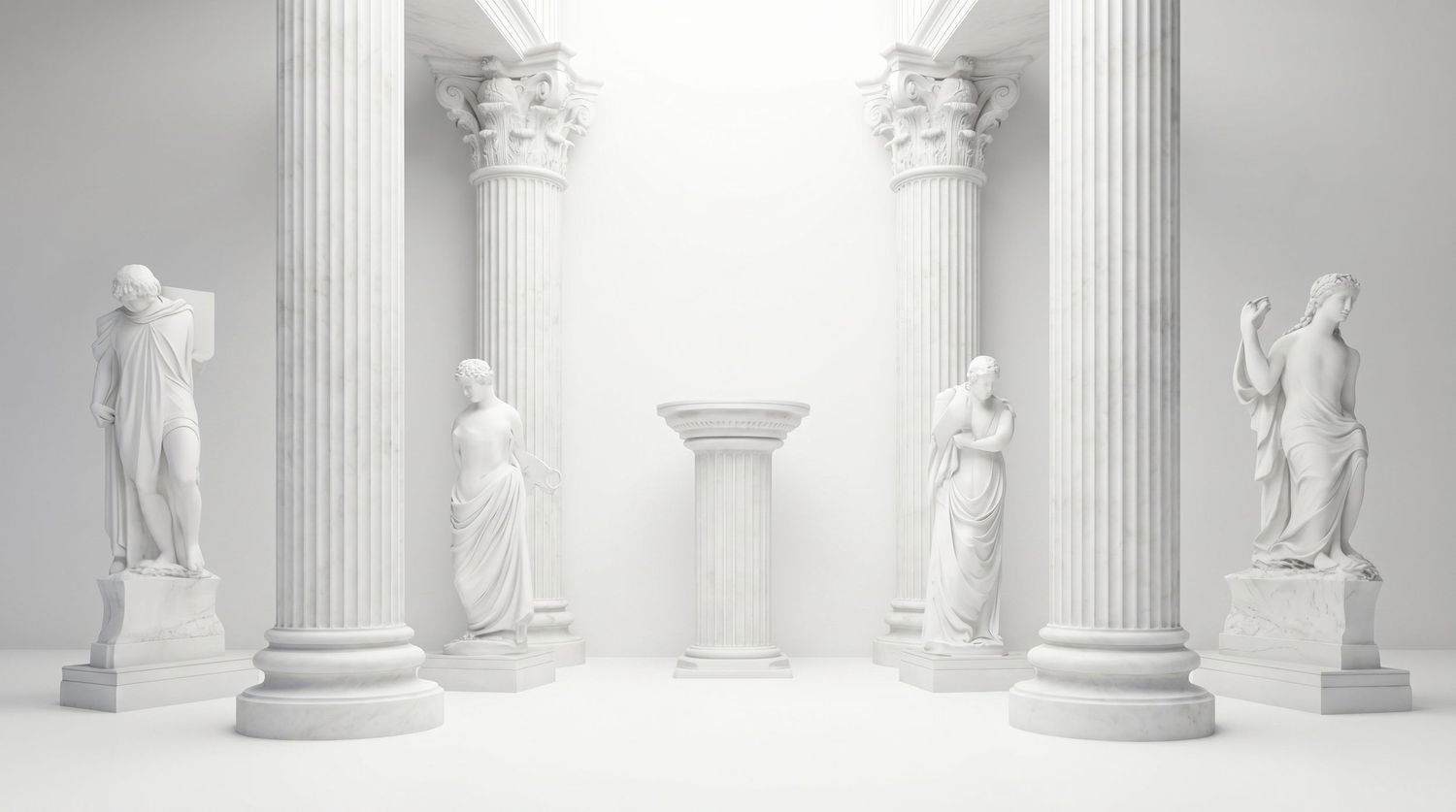 White marble Greek statues and Corinthian columns in a minimalist classical architecture setting.