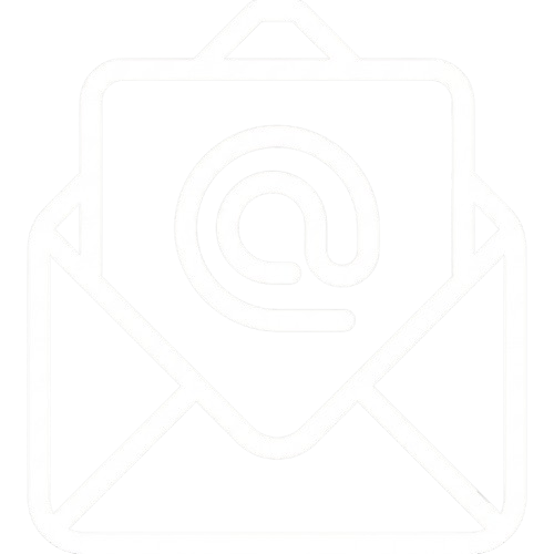 White outline icon of an email envelope with an at symbol, representing email or contact communication concept.