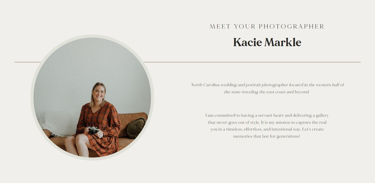 Professional photographer bio headshot on minimal gray background.