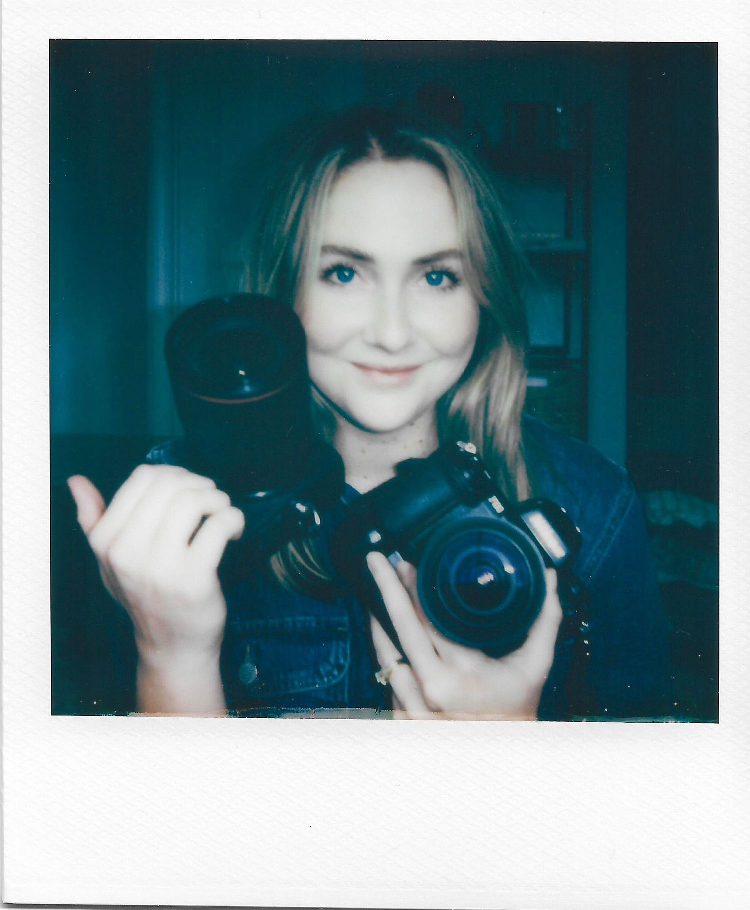 Five candid polaroid style self portraits in dim lighting with a blue-green tinted atmosphere.