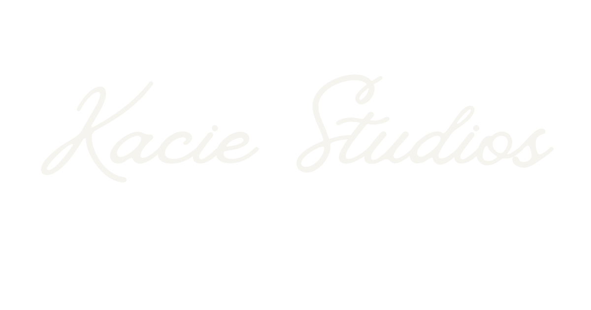 Kacie Studios logo in elegant script font displayed in soft white on a clean white background.