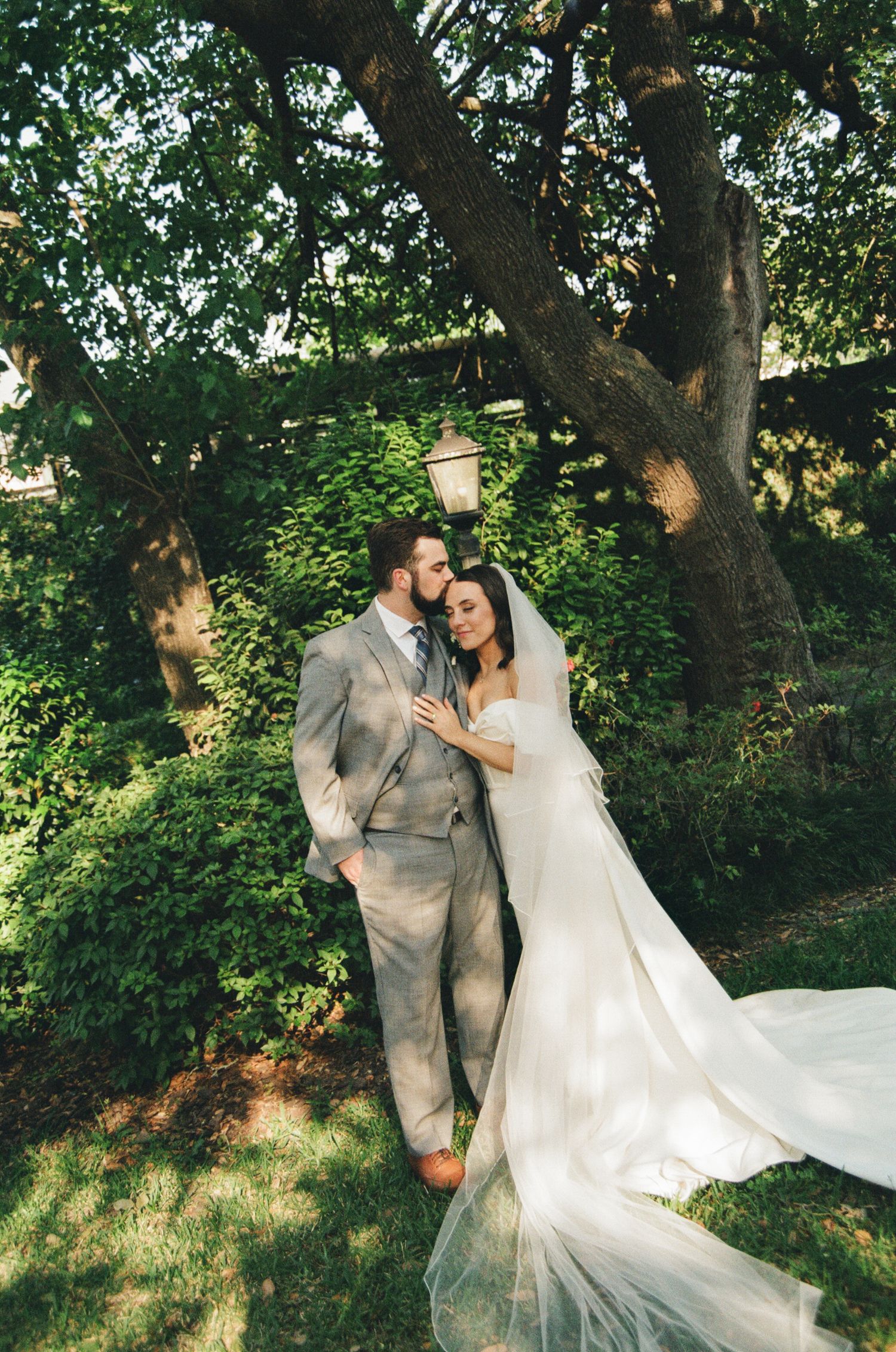 Bride and groom embrace under lush green trees, her flowing white veil billowing as he holds her close in a romantic outdoor setting.