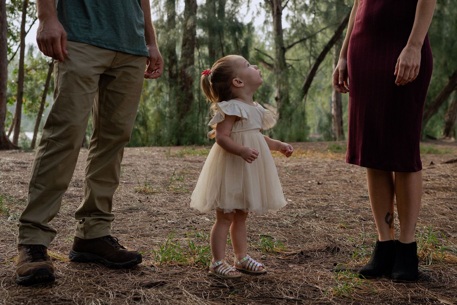 2 year old looking up at mom and dad
