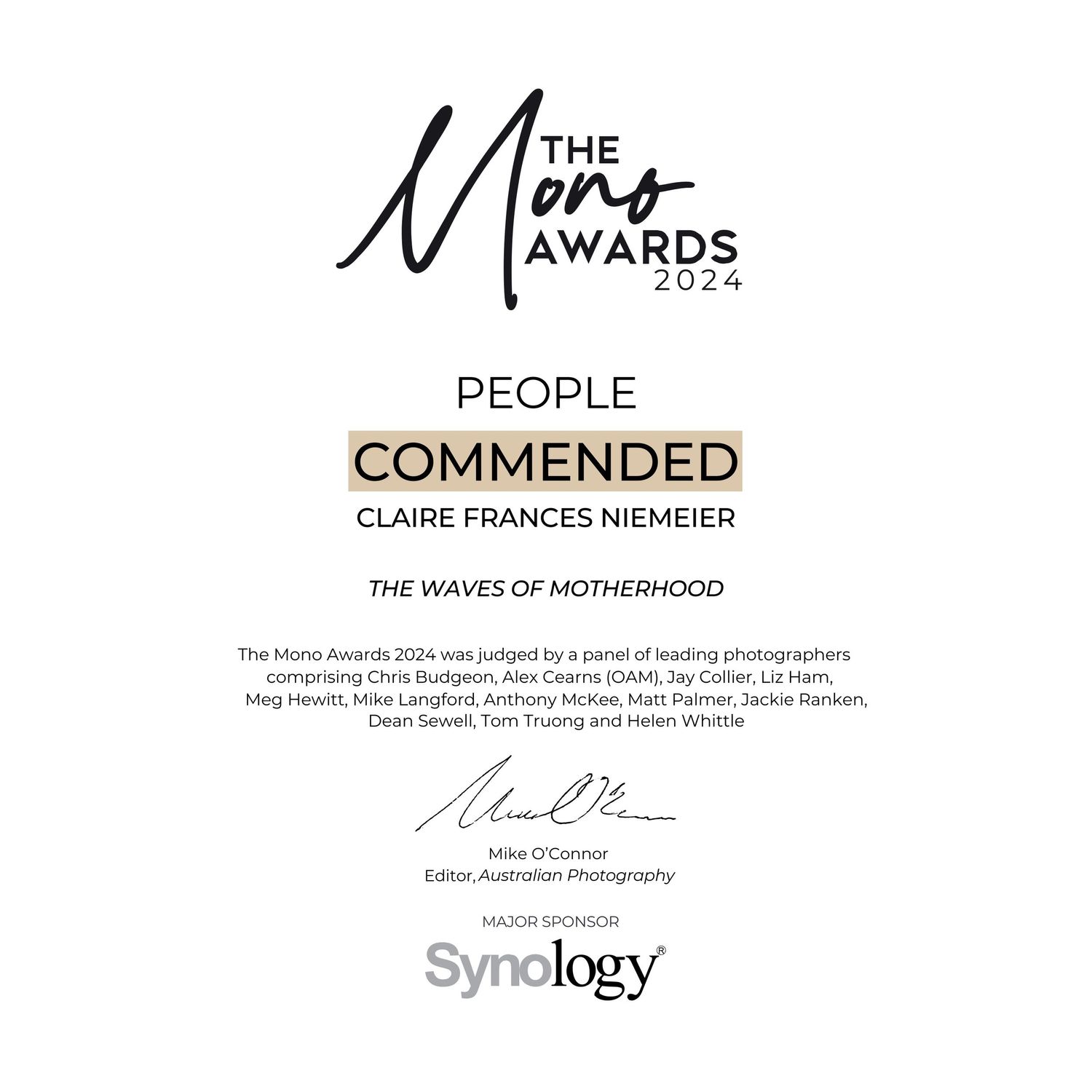 The Mono Awards- Commended Award 2023- Claire Frances Photography- Shoalhaven and Jervis Bay Maternity, Newborn and Family photographer.