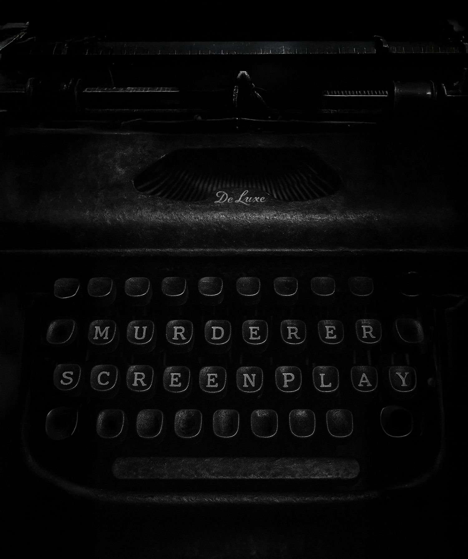 Vintage typewriter with keys spelling 'MURDERER SCREENPLAY' in dark noir atmosphere.