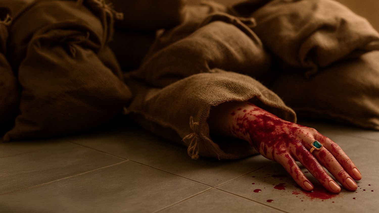 A bloodied hand extending from burlap sacks onto a tiled floor in a dramatic scene.