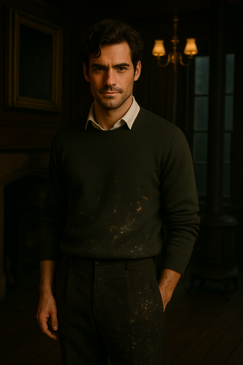 Dramatic portrait of person wearing dark sweater in vintage-styled room with warm lighting.