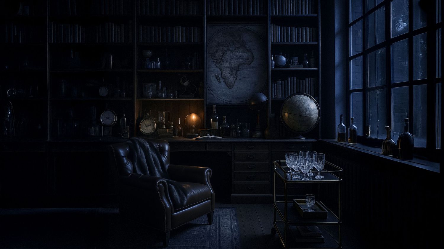 Dark moody library study room with globe, bookshelves, leather chair, and candlelight illuminating a rainy night window.