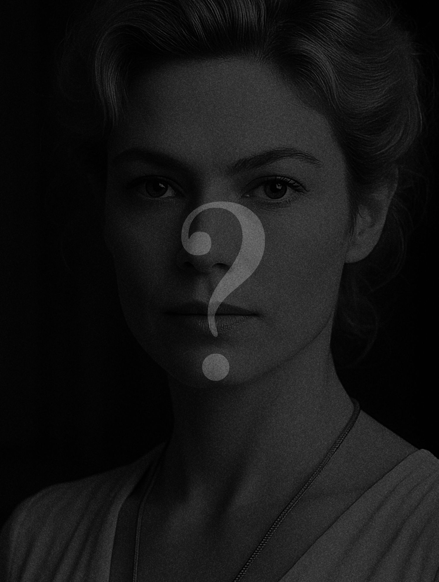 High contrast portrait photograph with white question mark symbol overlaying facial features.
