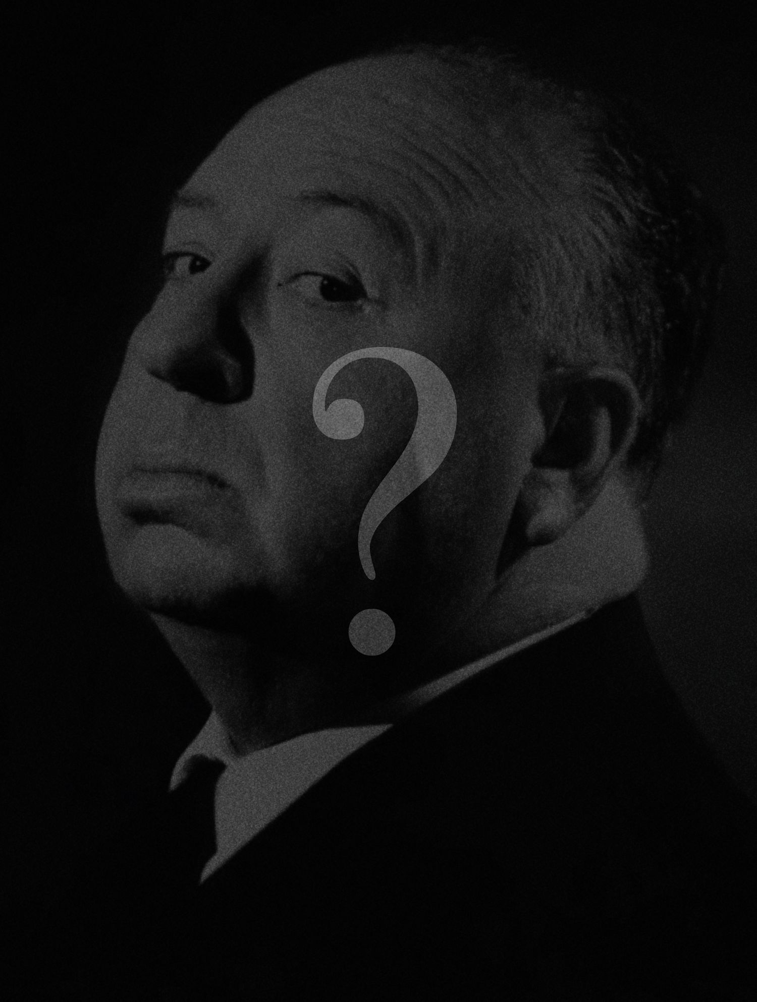 Dramatic side-lit portrait with question mark symbol masking the subject's identity.