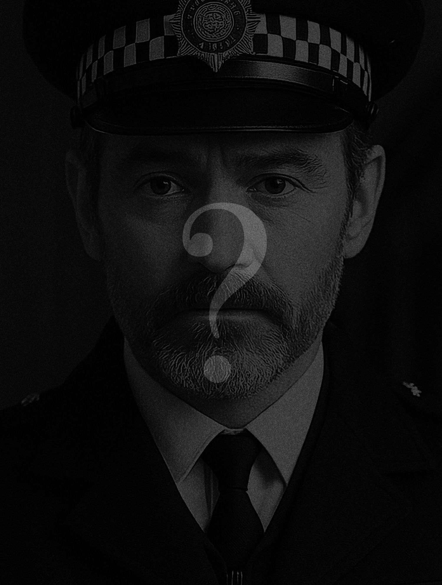 Dark portrait of police officer in uniform with question mark overlaid on face.