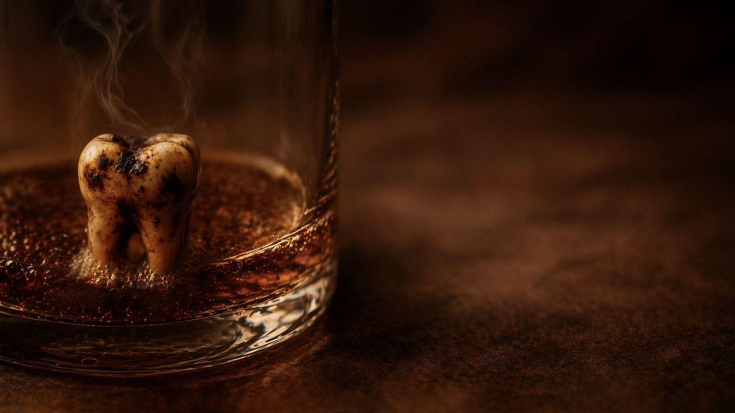 A decayed tooth submerged in a glass of dark liquid with smoke rising, illustrating the harmful effects of sugary drinks.