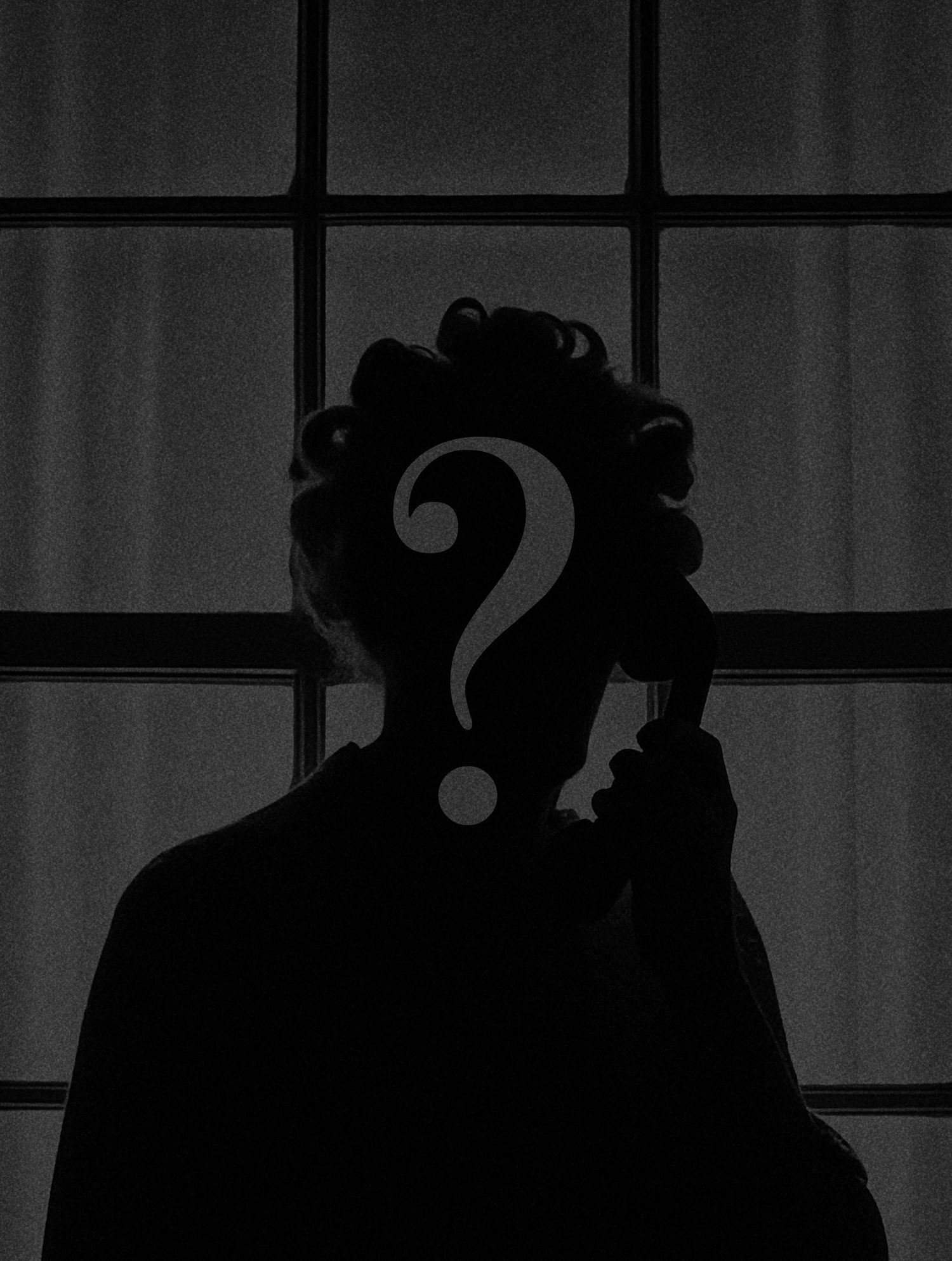 Mysterious silhouette with a question mark against a window grid background in dramatic lighting.
