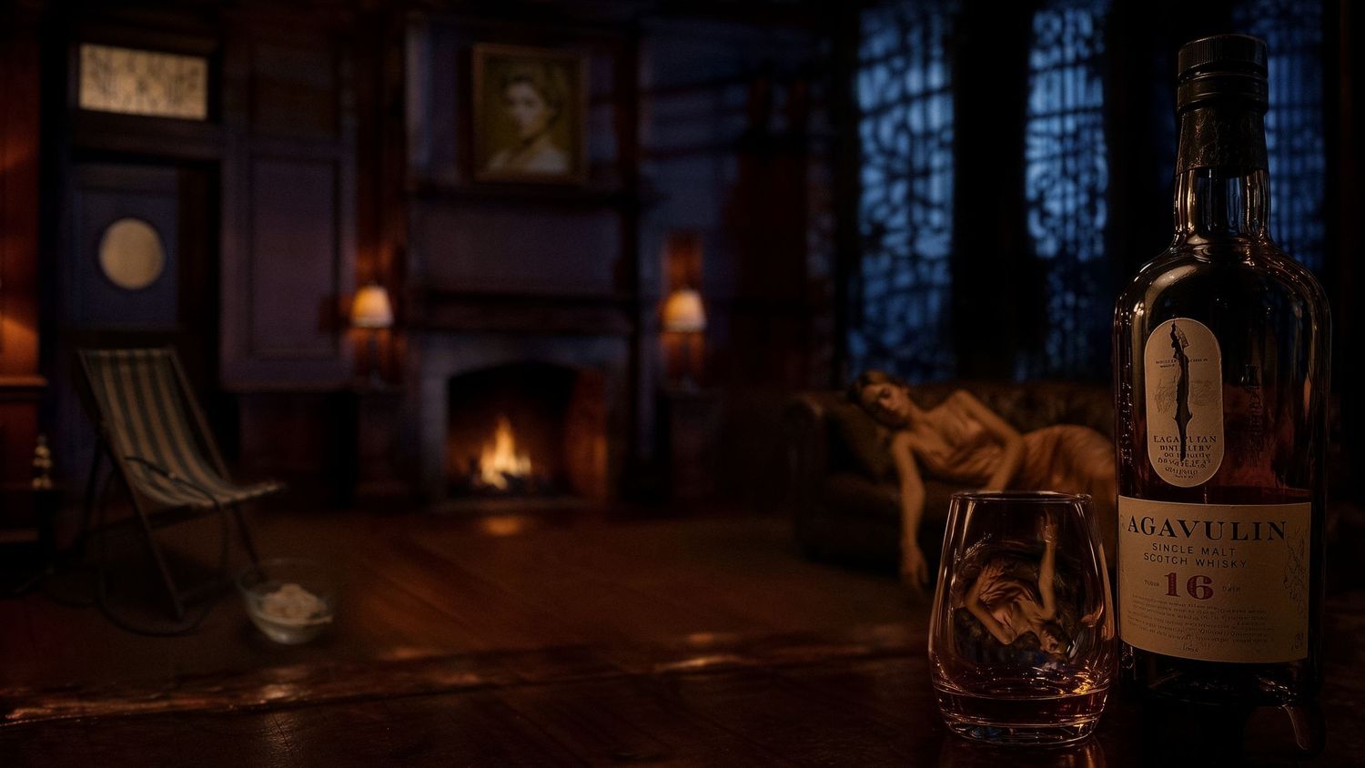 Lagavulin 16 whisky bottle with glass beside a glowing fireplace in a dark, cozy study room.