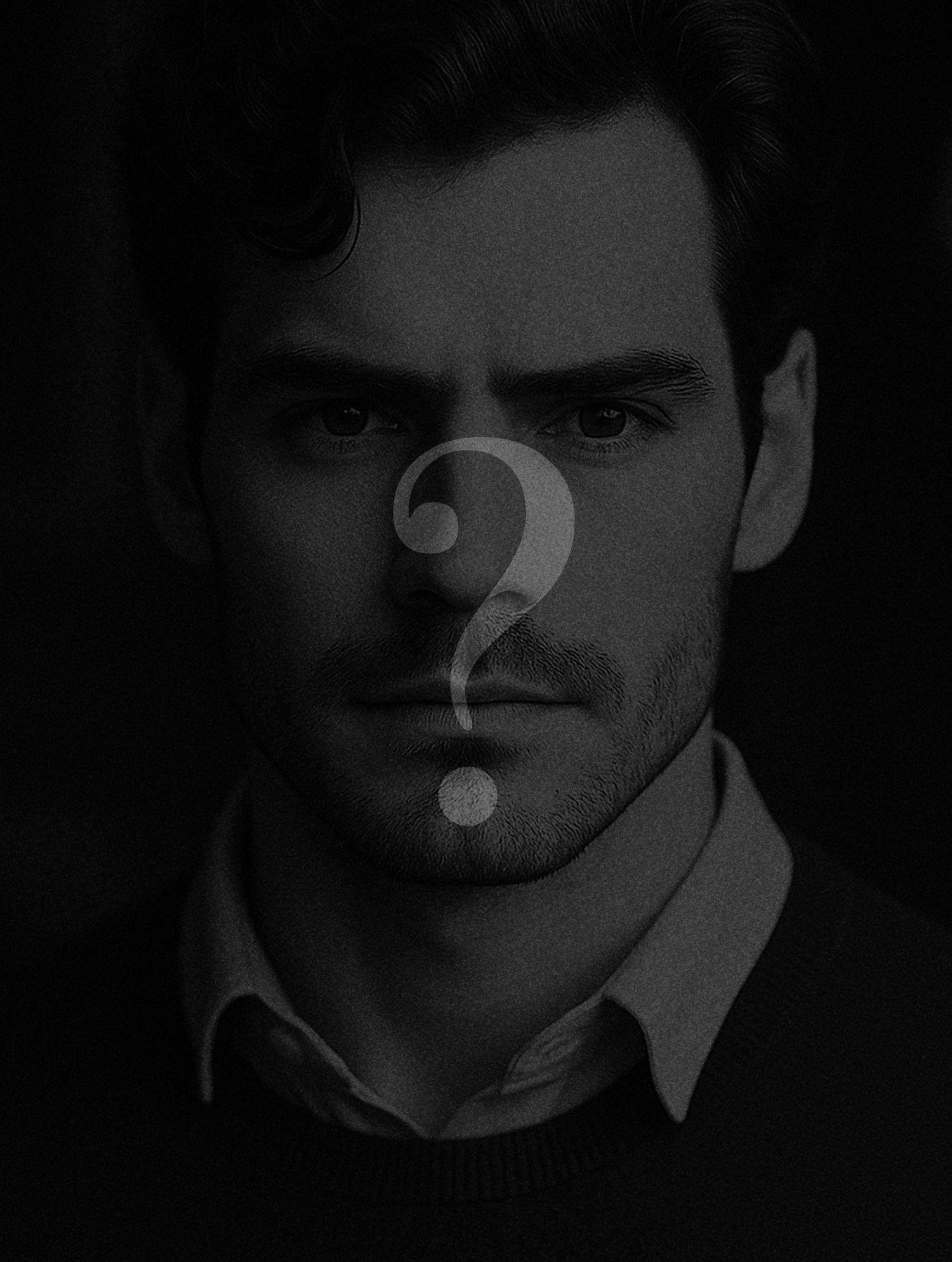 Dramatic noir portrait with question mark overlay in low key lighting.