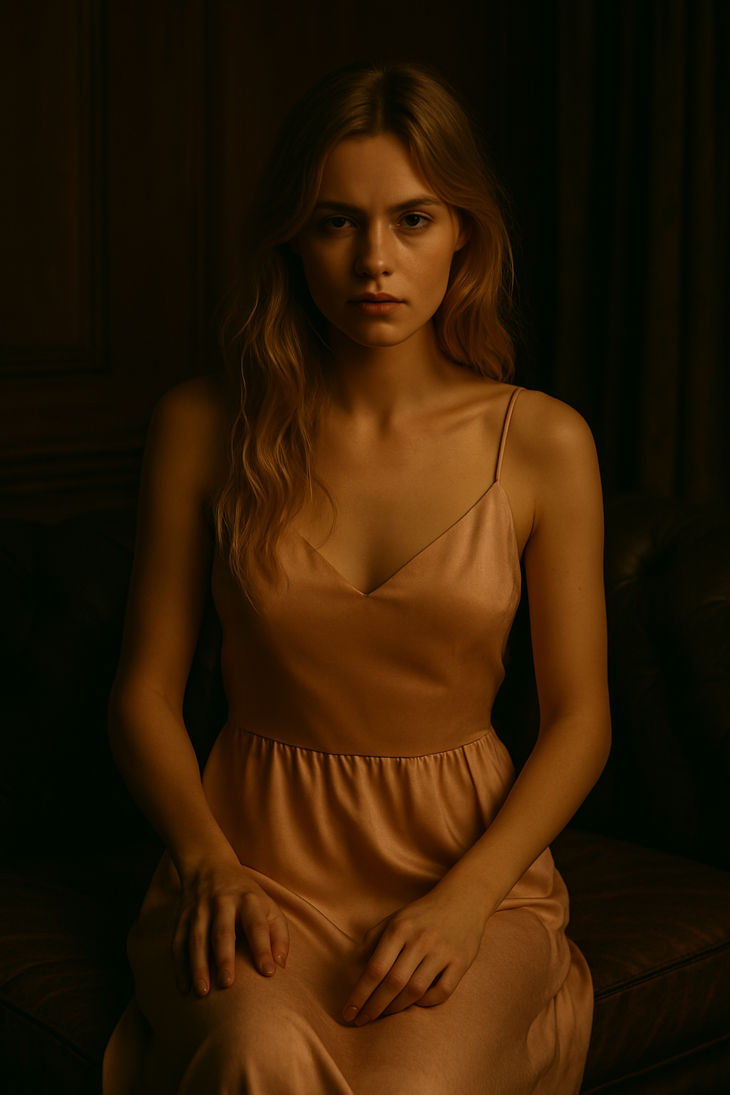 Woman in silk dress poses for moody portrait in dark room with atmospheric lighting.