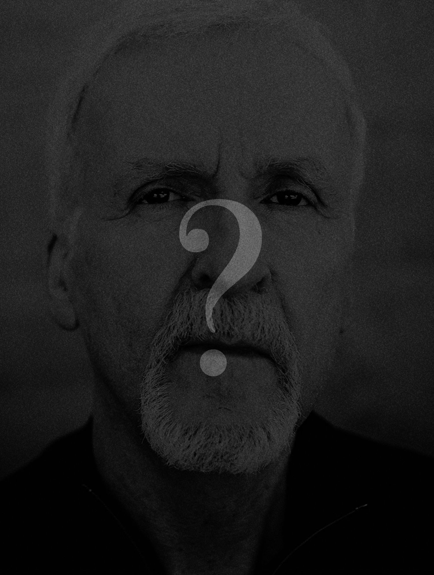 Black and white portrait of an elderly man with gray hair and beard, face obscured by a question mark symbol.