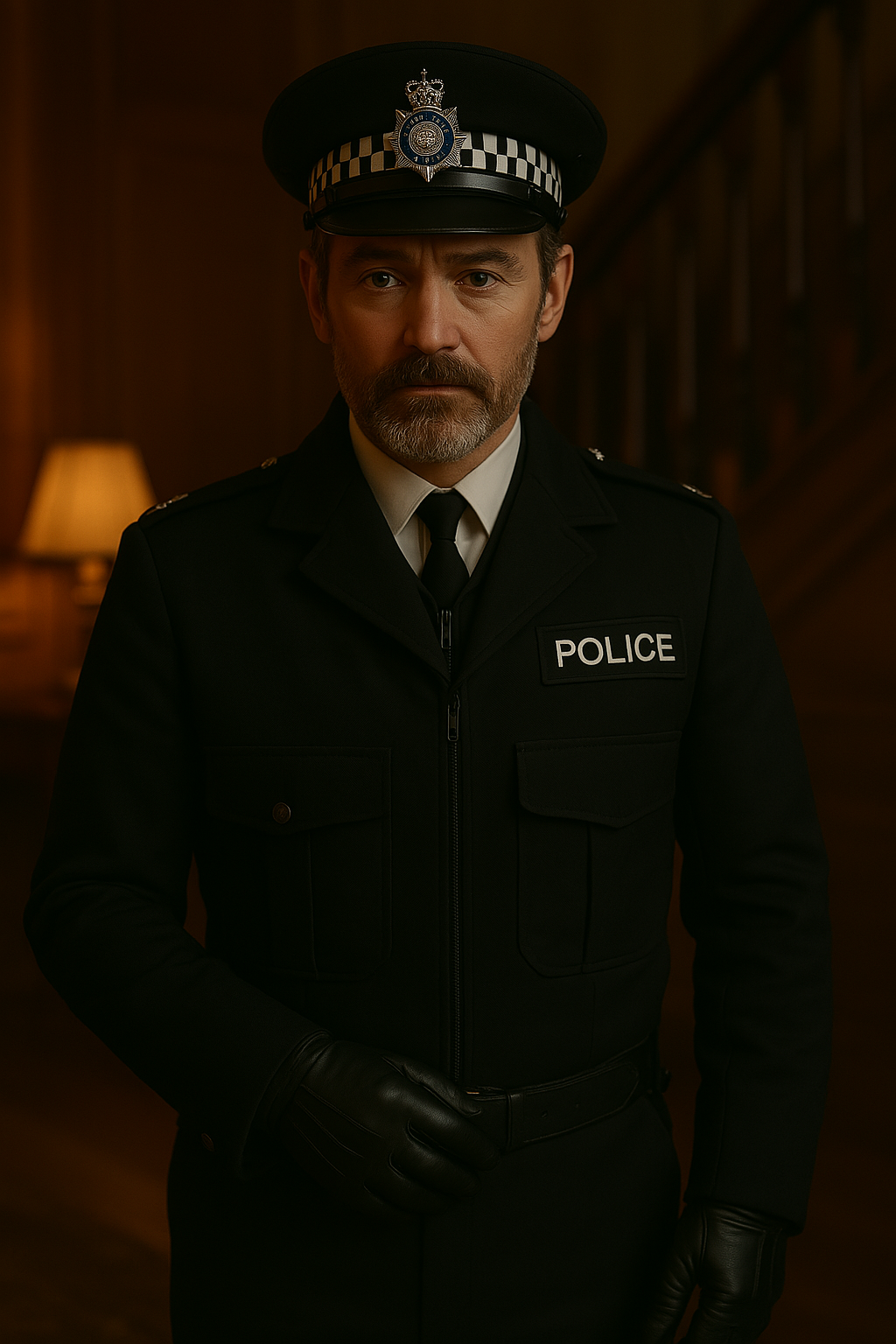 Police officer in formal uniform and cap stands in darkly lit hallway.