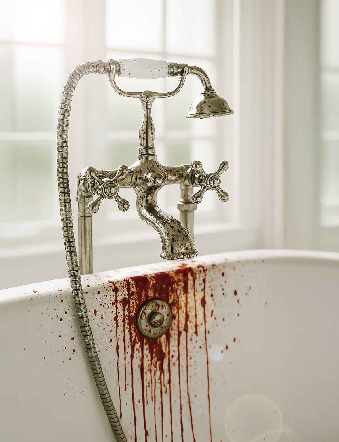 Antique clawfoot tub faucet with dramatic red stains dripping down porcelain surface.