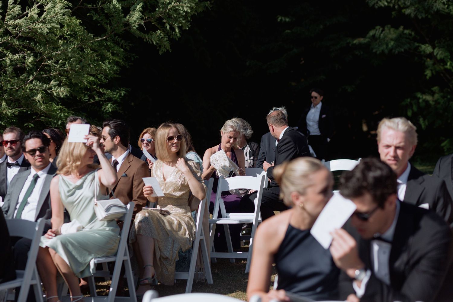 Wedding guests seated in rows during an outdoor ceremony under tree shade.