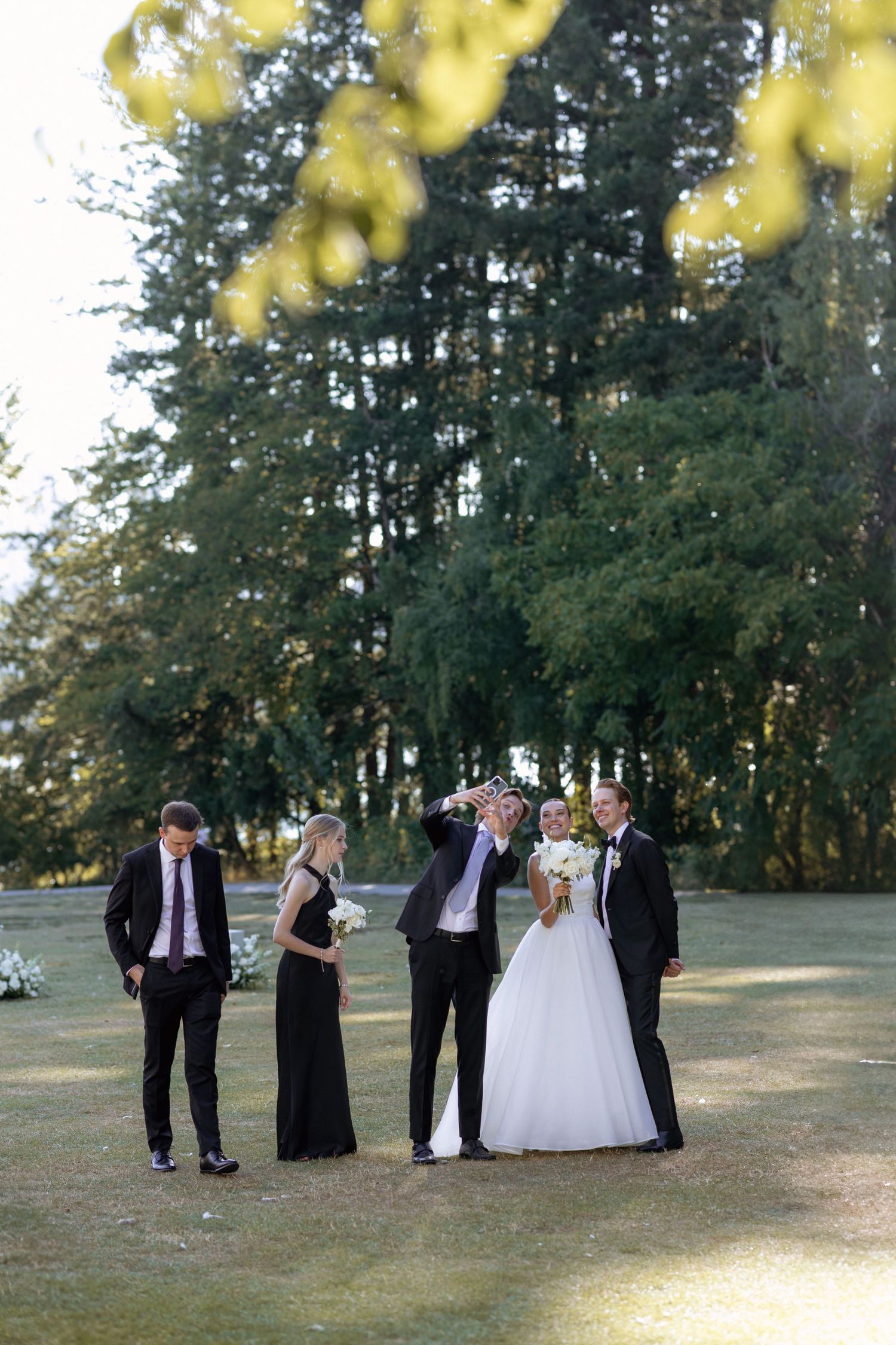 Wedding party poses for formal photos on a sunny lawn with evergreen trees in the background.