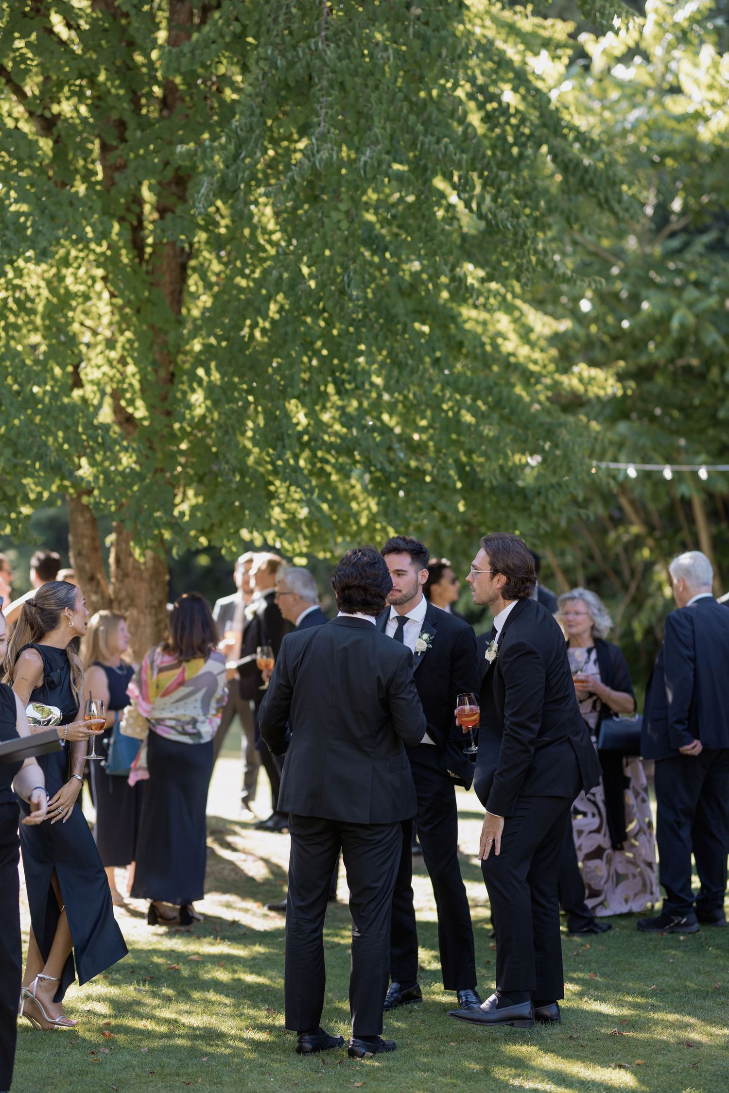 Wedding guests socializing on a lush green lawn during an outdoor reception.