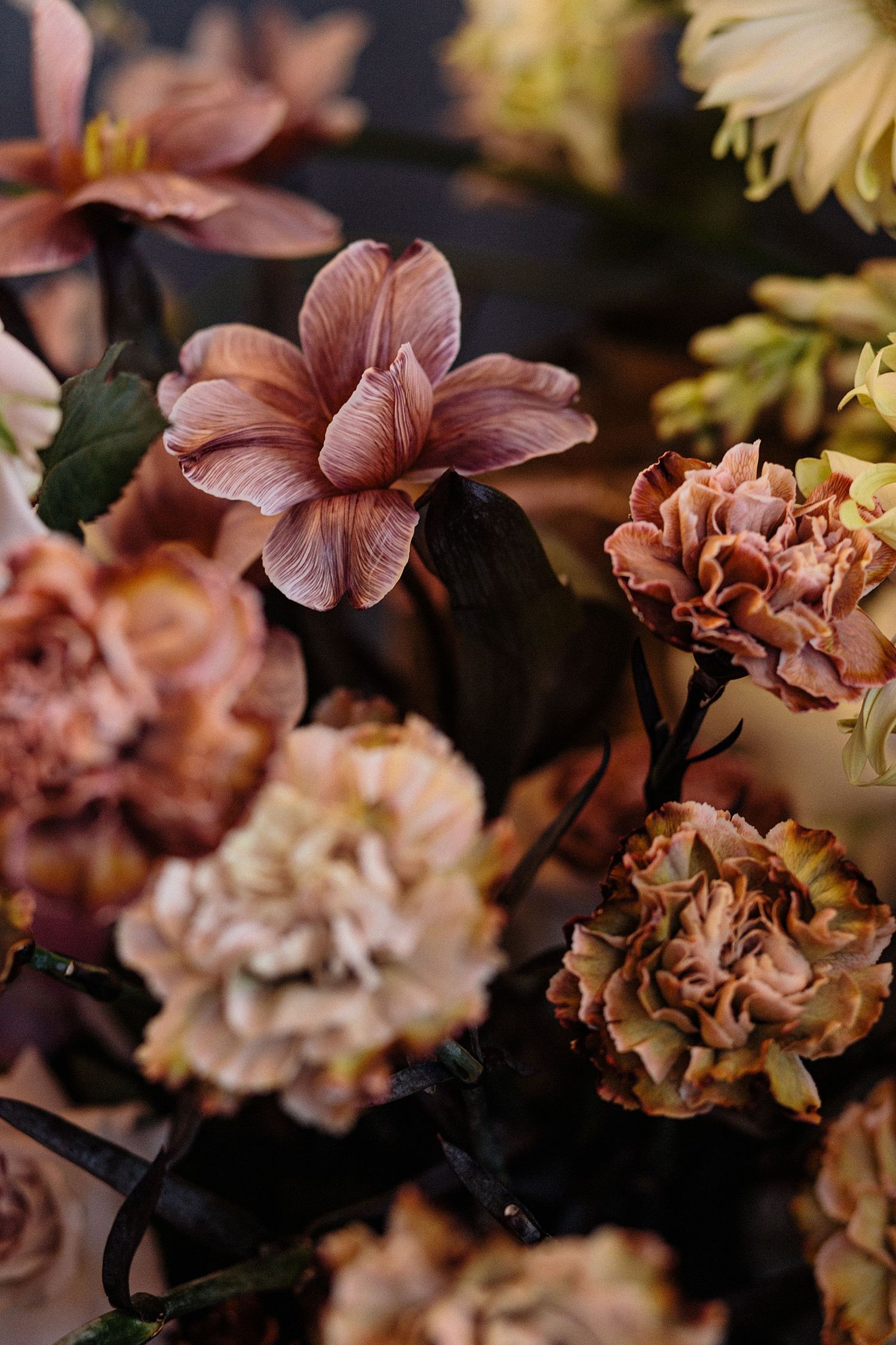 Romantic floral arrangement with pink blooms and carnations against dark background.