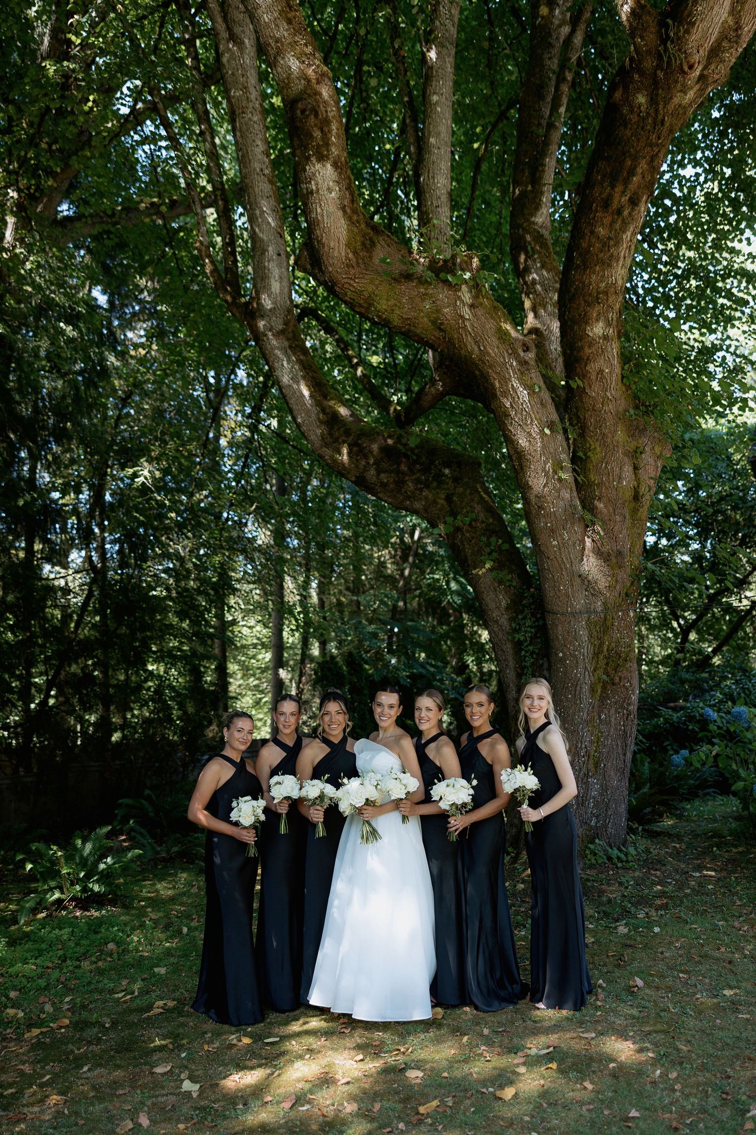 Bridal party gathers under a majestic tree for formal wedding photos.
