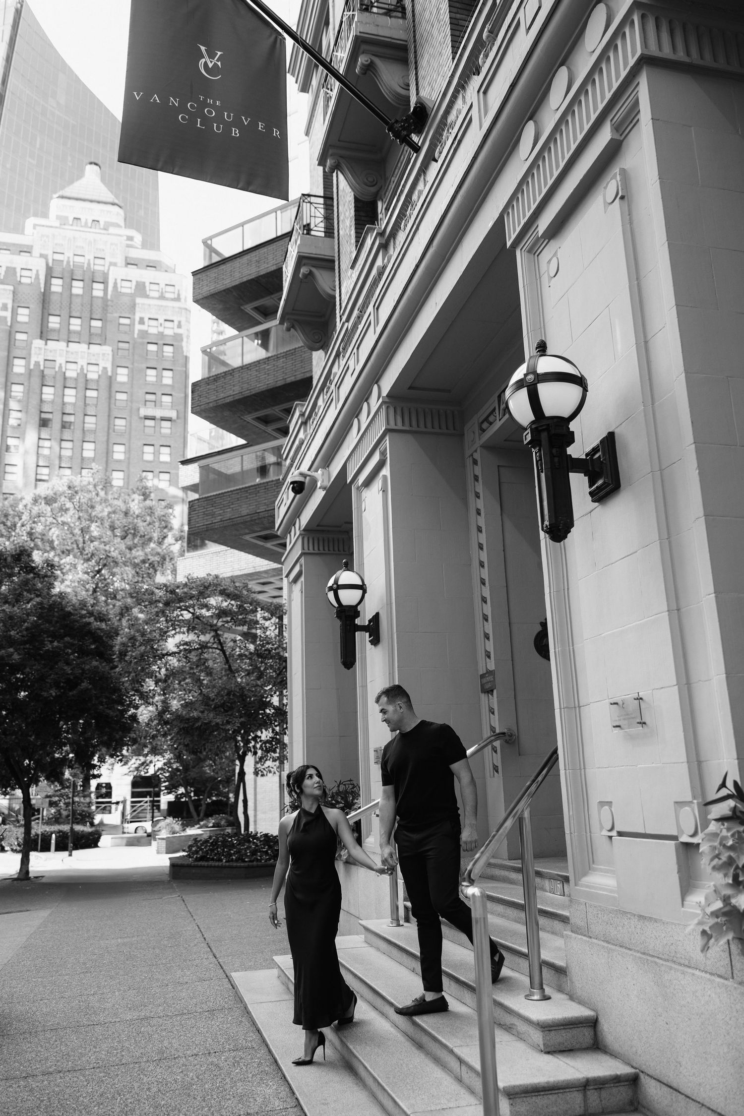A sequence of black and white photographs showing figures standing outside a building entrance with architectural columns.