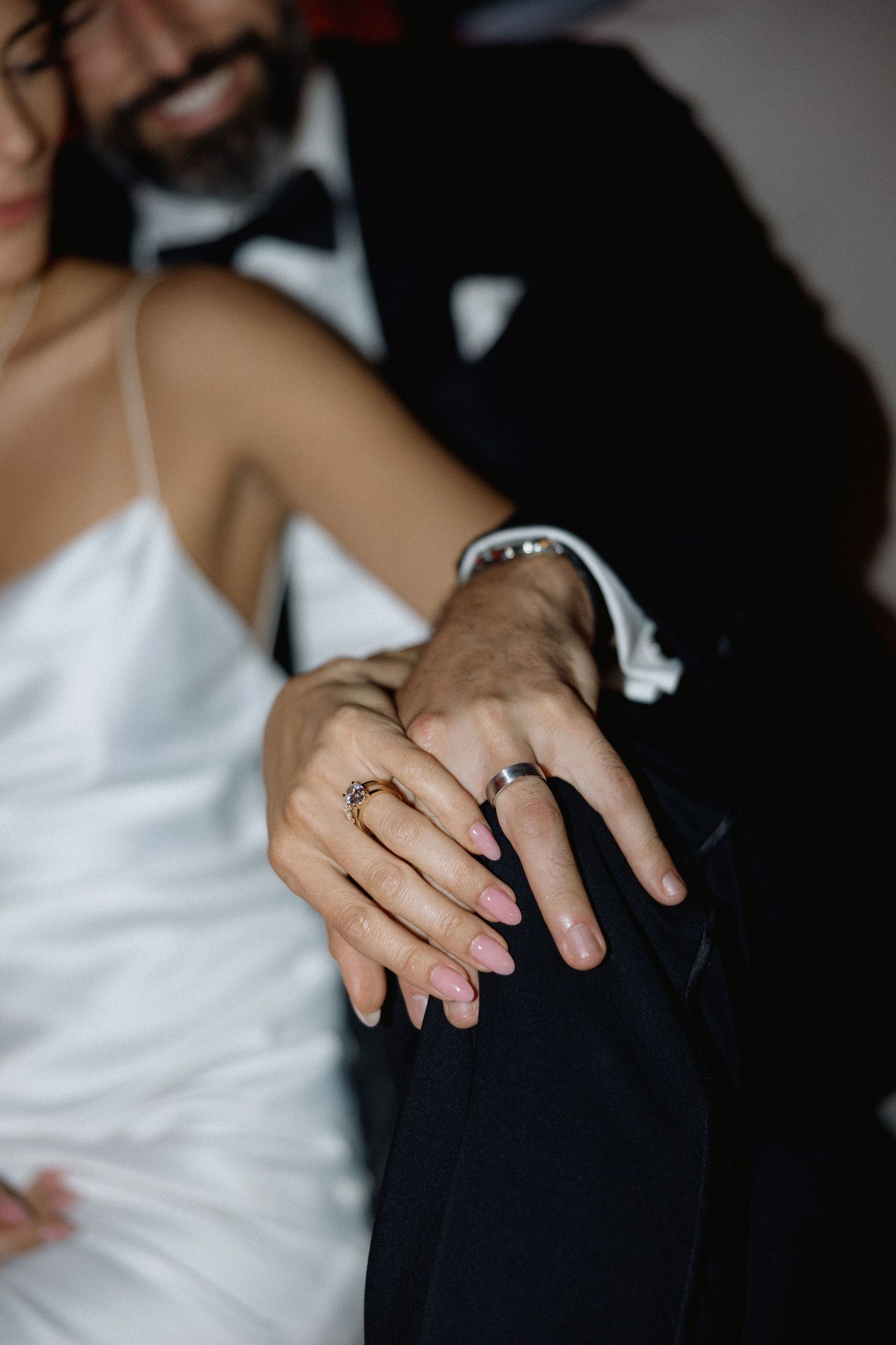 Close-up of newlyweds' hands showing wedding rings in the night of Vancouver