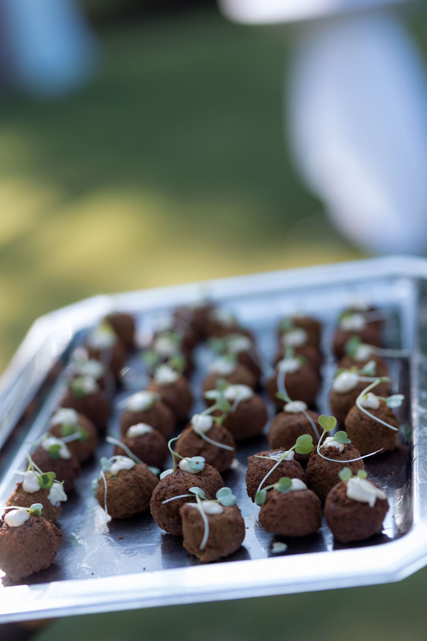 Chocolate truffles garnished with microgreens arranged on a serving platter.