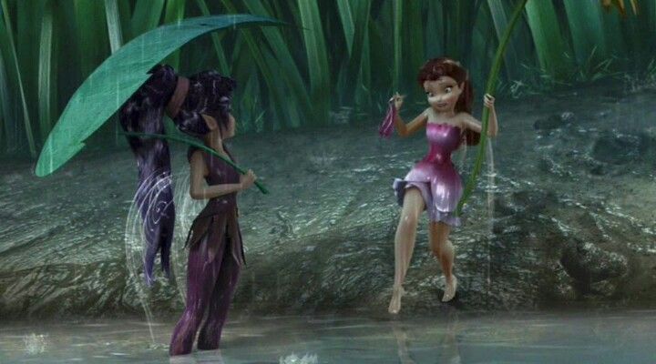 Two animated fairies stand in the rain near a pond in a Disney Tinker Bell animated film.