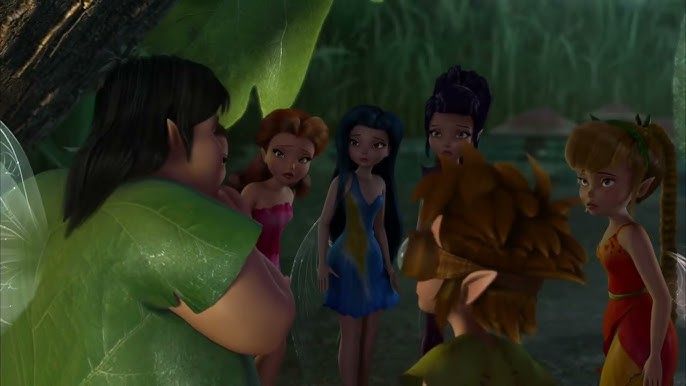 Animated fairy characters from a Disney Tinker Bell movie gather in a lush green forest scene.