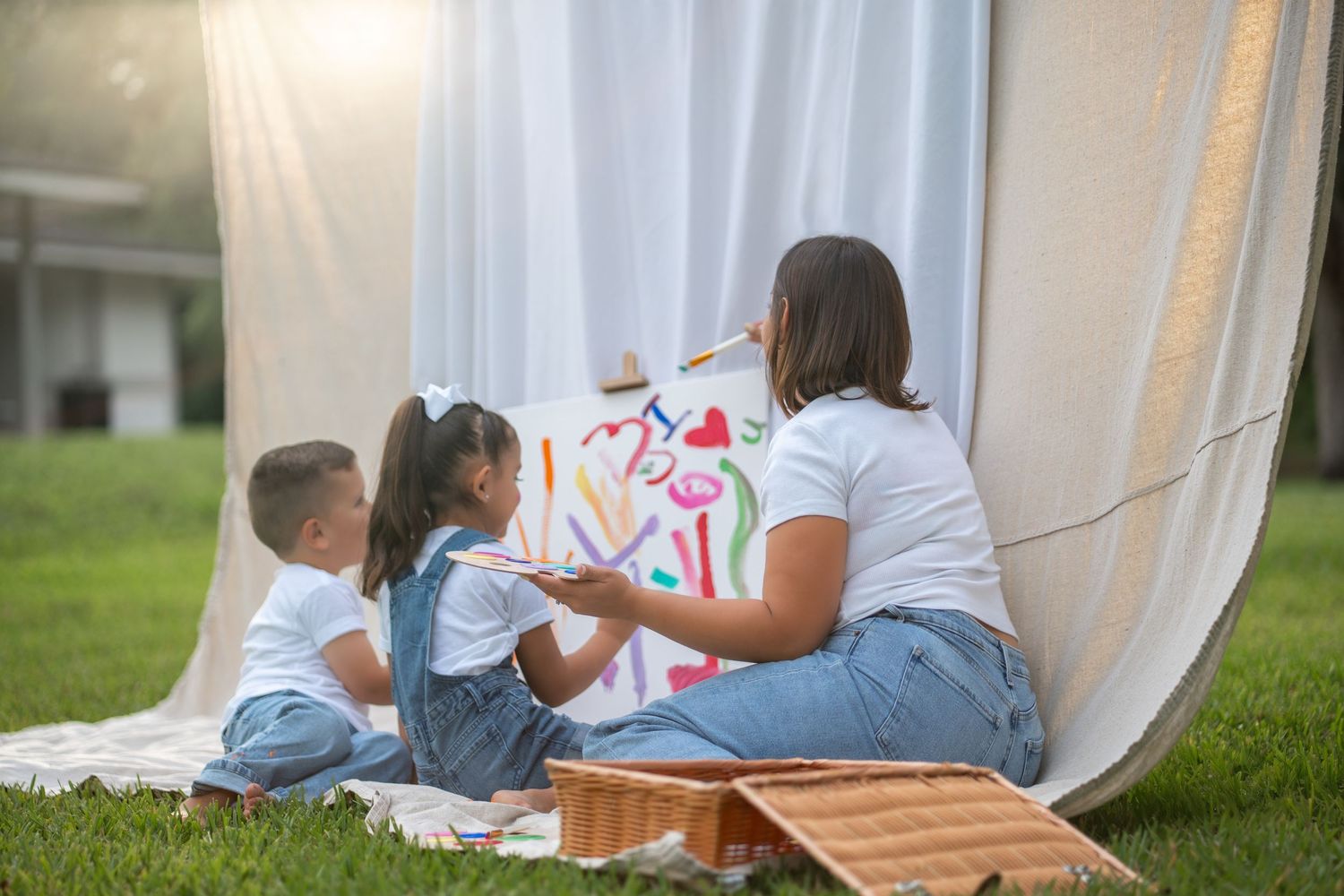 Mom and her two kids painting together under a white canopy in a Fort Lauderdale park. Mom and Me Session