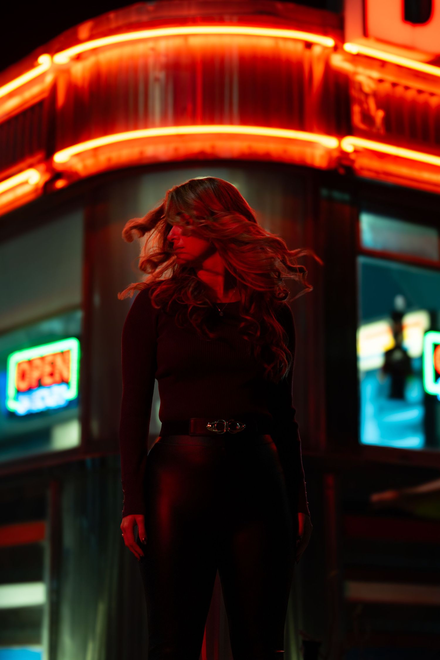 Cinematic creative portrait with neon light, shot in Miami by South Florida photographer.