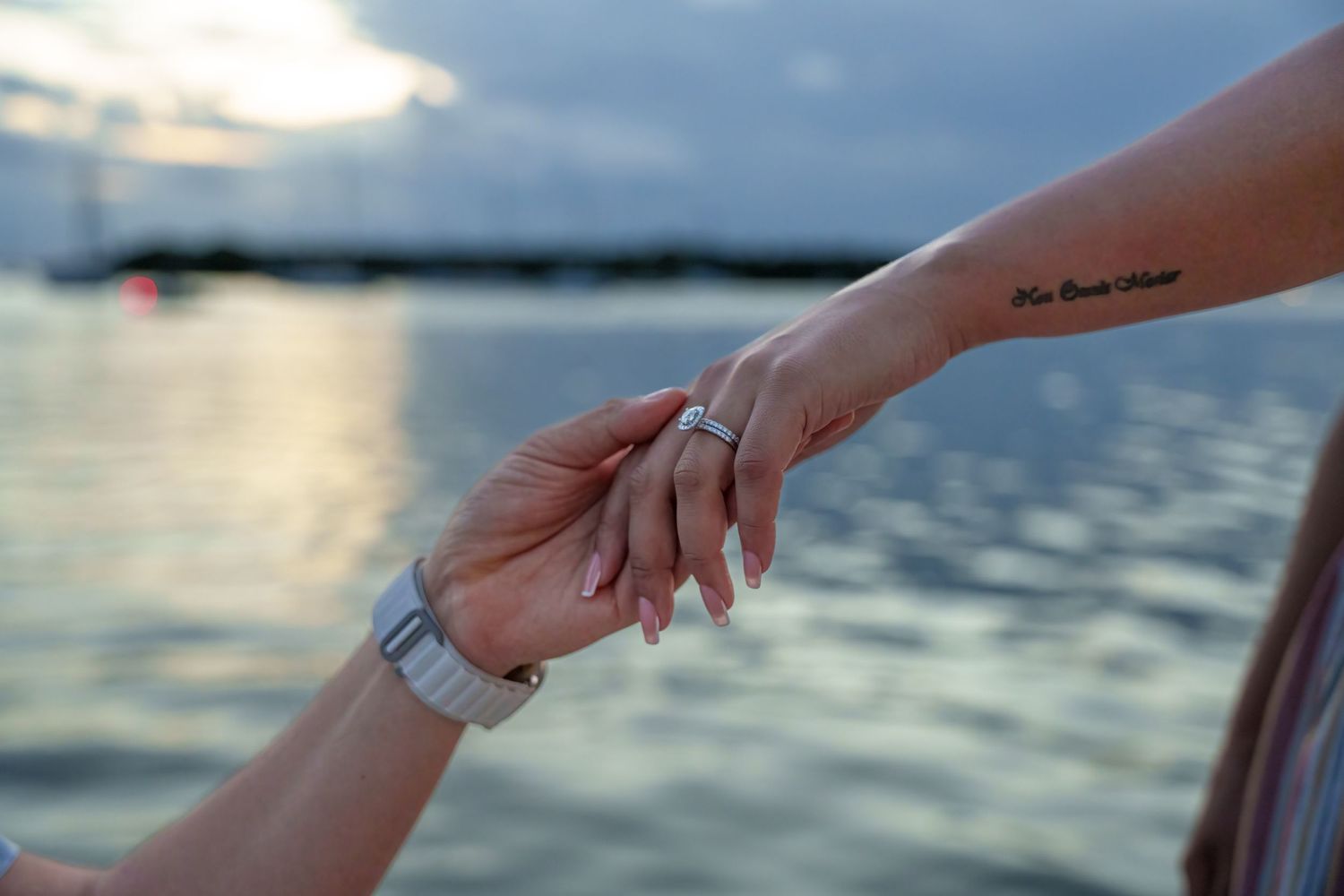Elegant engagement ring close-up, capturing the magic of a waterfront proposal in South Florida.