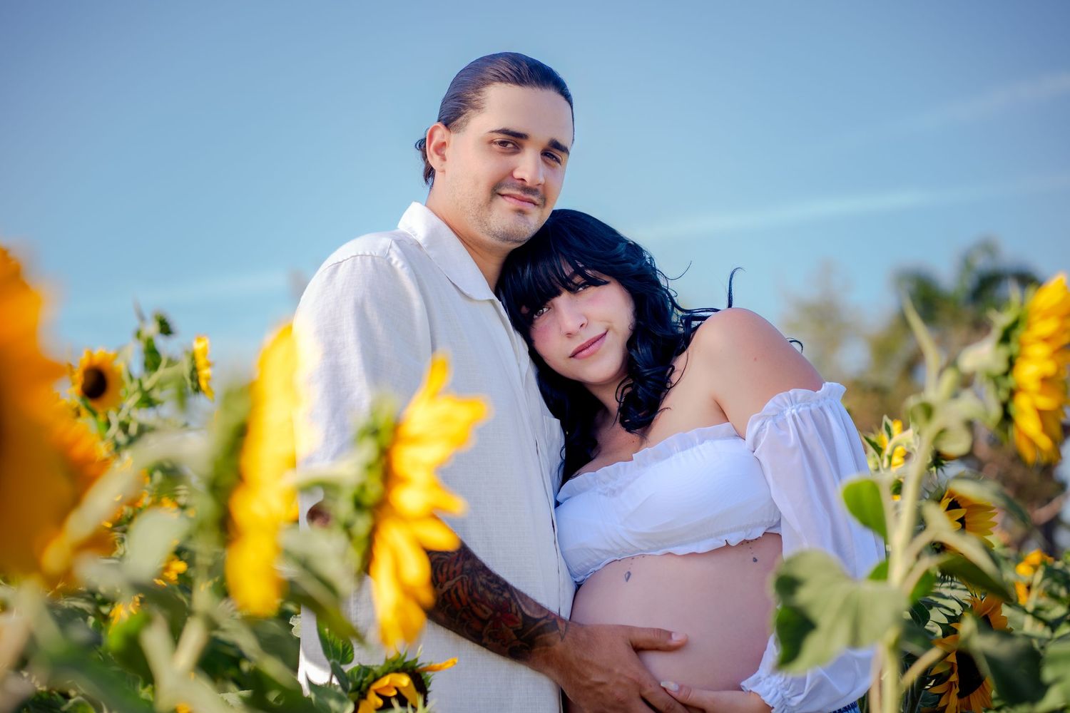 Warm light maternity photo taken in a sunflower field in Miami.