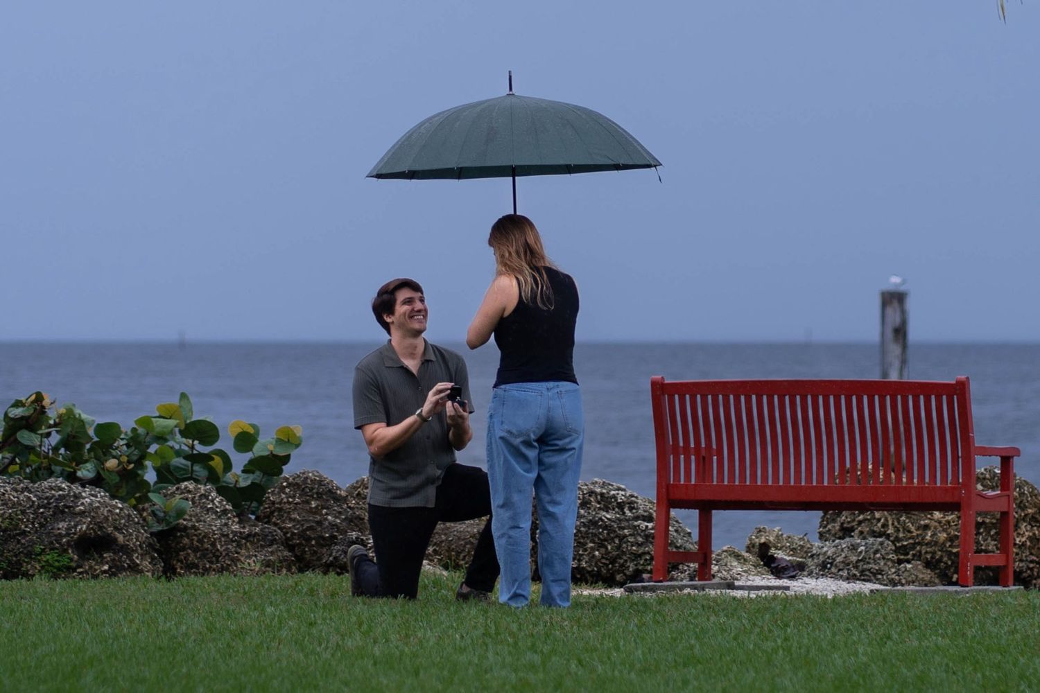 A romantic waterfront proposal at The Kampong in Miami, as he gets down on one knee with the ocean in the background.