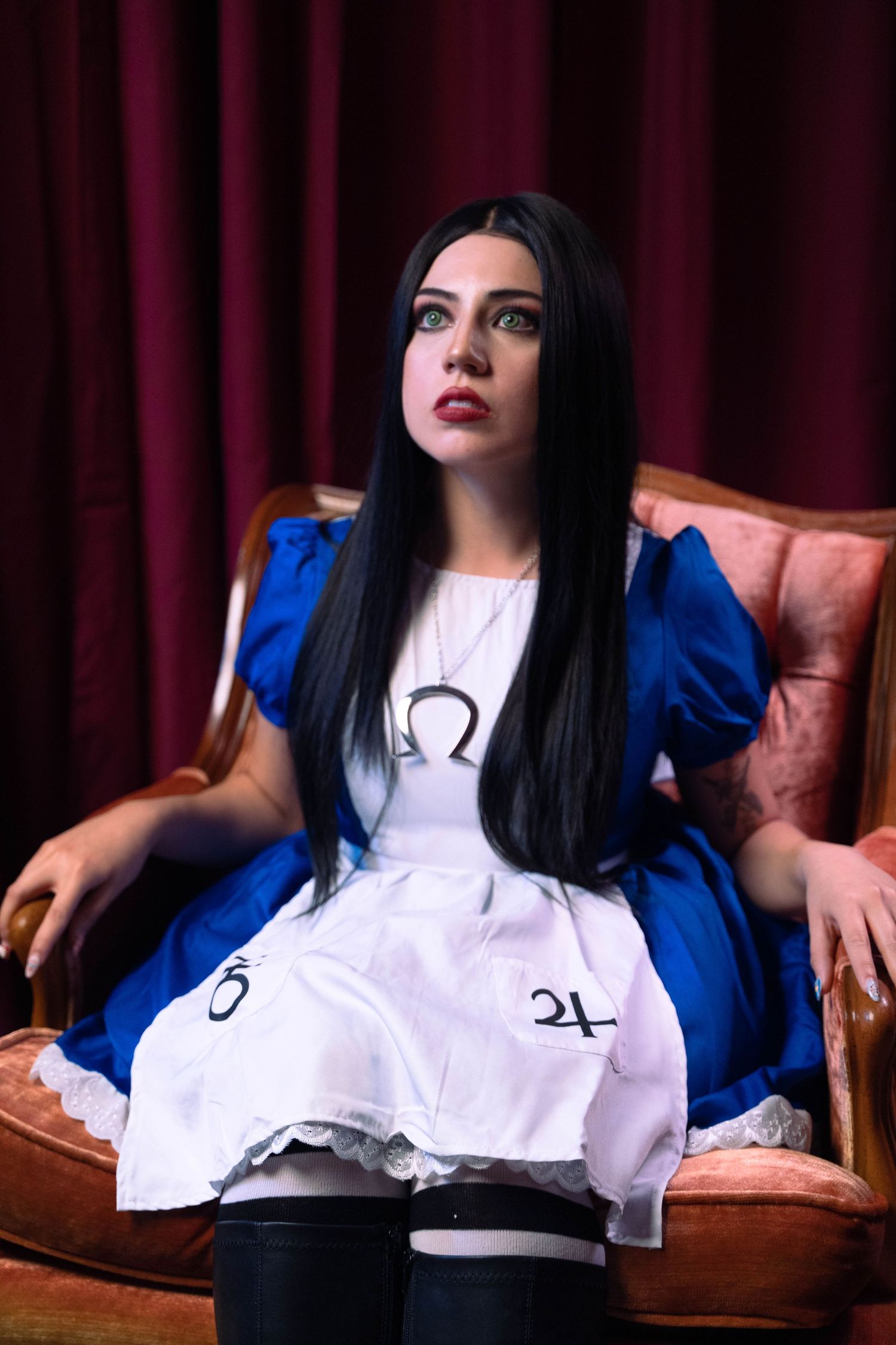 Cinematic editorial portrait at HGabs Studios, Fort Lauderdale, FL – mysterious woman in a gothic-inspired Alice costume.