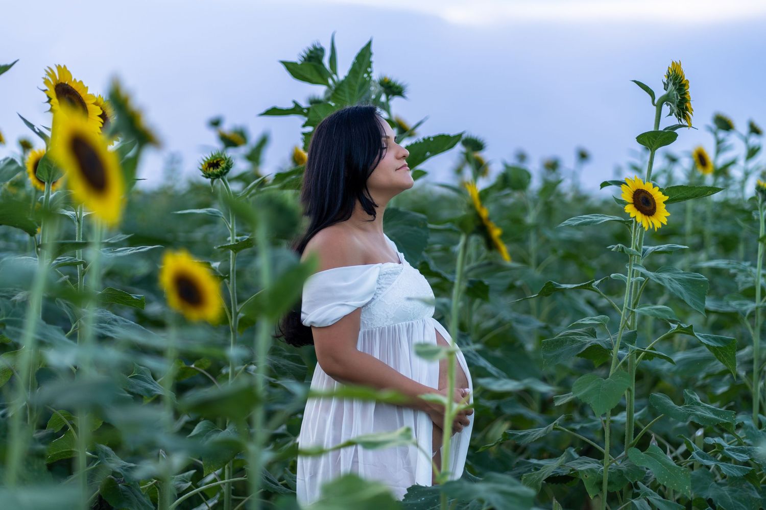 Dreamy maternity session in Homestead, featuring a glowing mother-to-be surrounded by vibrant sunflowers.