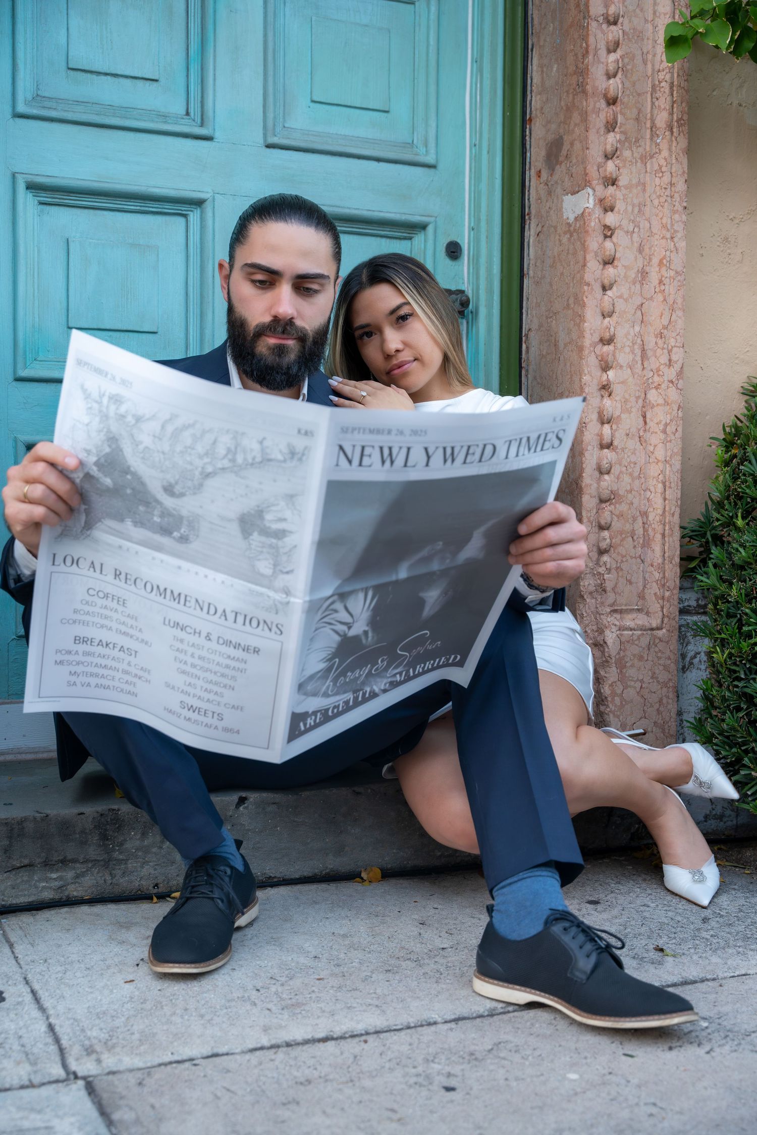 Chic engagement session in Palm Beach, capturing a stylish couple with vintage charm in a historic setting.