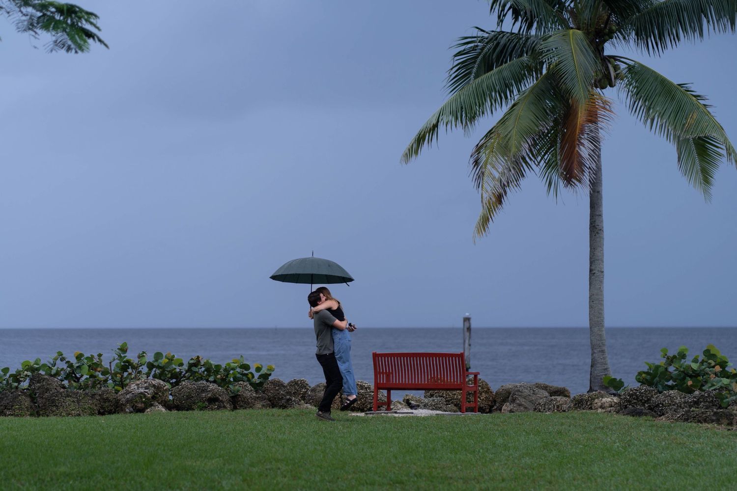 A rainy-day proposal at The Kampong, as the couple embraces under an umbrella with a dreamy oceanfront view.