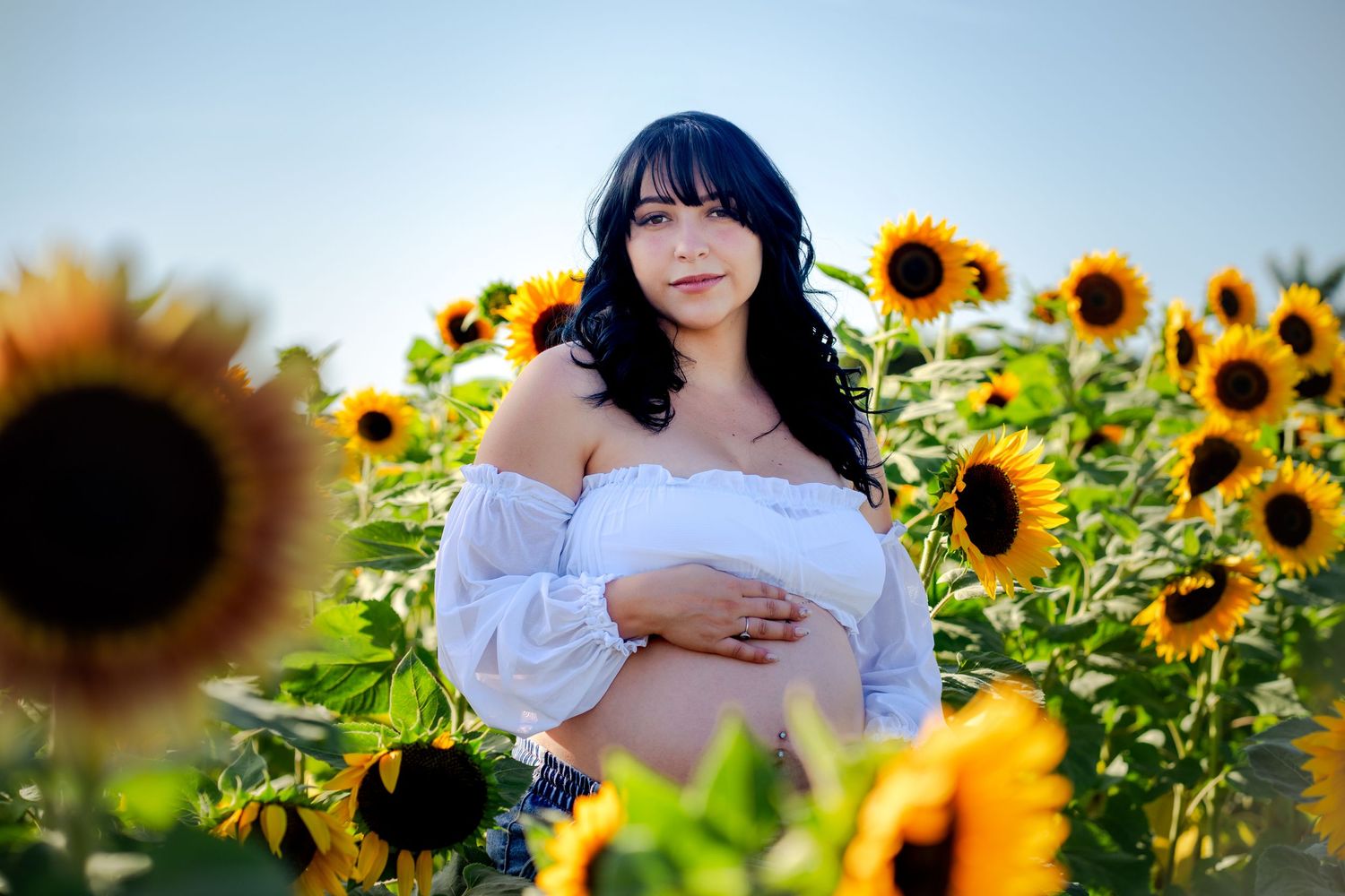 Solo maternity portrait in sunflower field at Berry Farms, Miami.