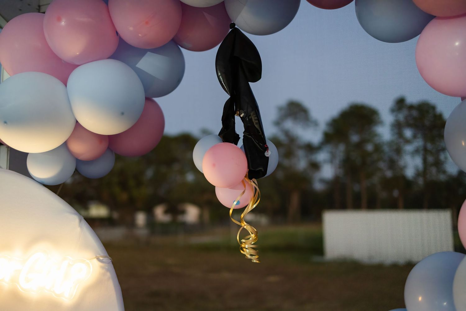 Balloon arch detail with pink and blue accents during a South Florida gender reveal celebration at sunset.